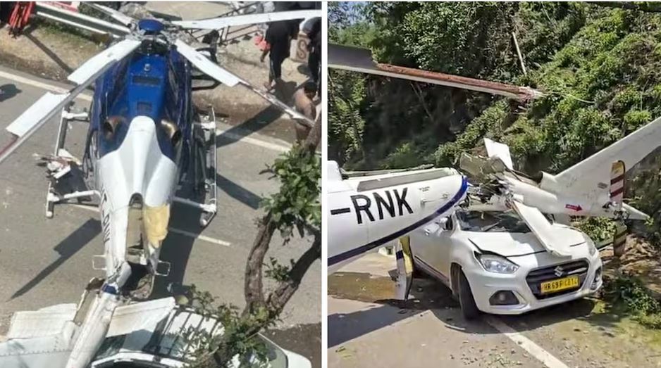 केदारनाथ जाँदै गरेको हेलिकप्टर हाइवेमा आपतकालीन अवतरण, गाडी पूर्ण क्षति