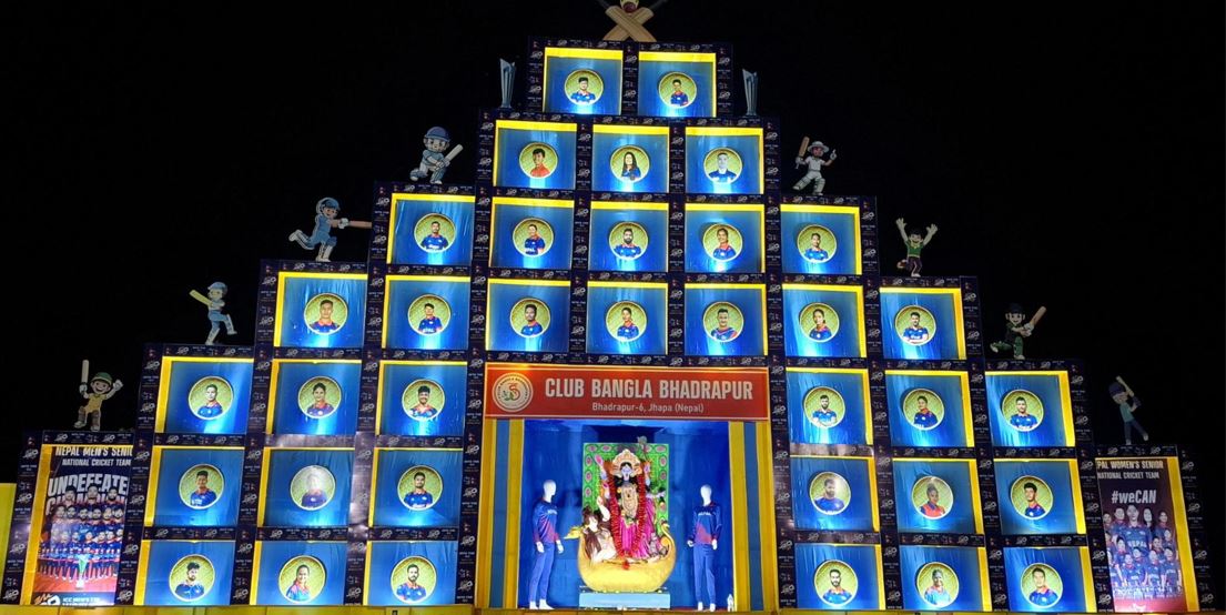 नेपाली क्रिकेट खेलाडीको तस्बिर राखेर कालीपूजा पण्डाल निर्माण